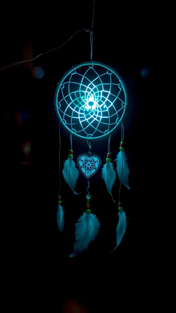 A glow-in-the-dark dreamcatcher with feathers and bead details.