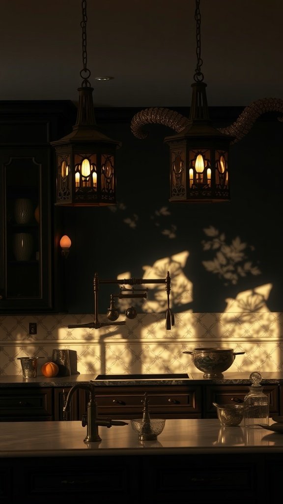 Gothic-inspired lighting fixtures hanging in a kitchen with dramatic shadows.