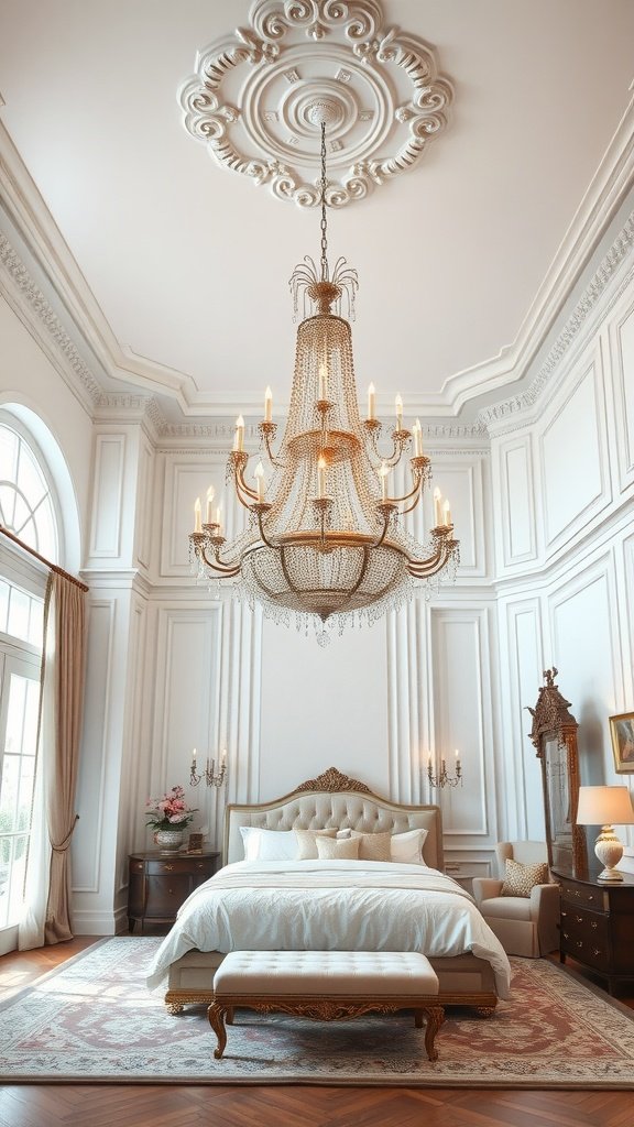 Luxurious chandelier hanging from a high ceiling in a bedroom.