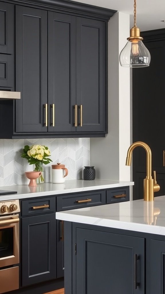 Modern kitchen featuring graphite gray cabinets and brass fixtures.