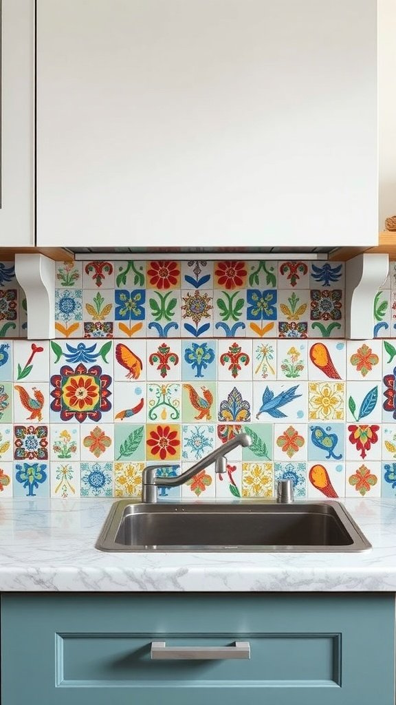 A colorful hand-painted tile backsplash featuring various floral and bird designs, placed above a kitchen sink with a modern faucet.