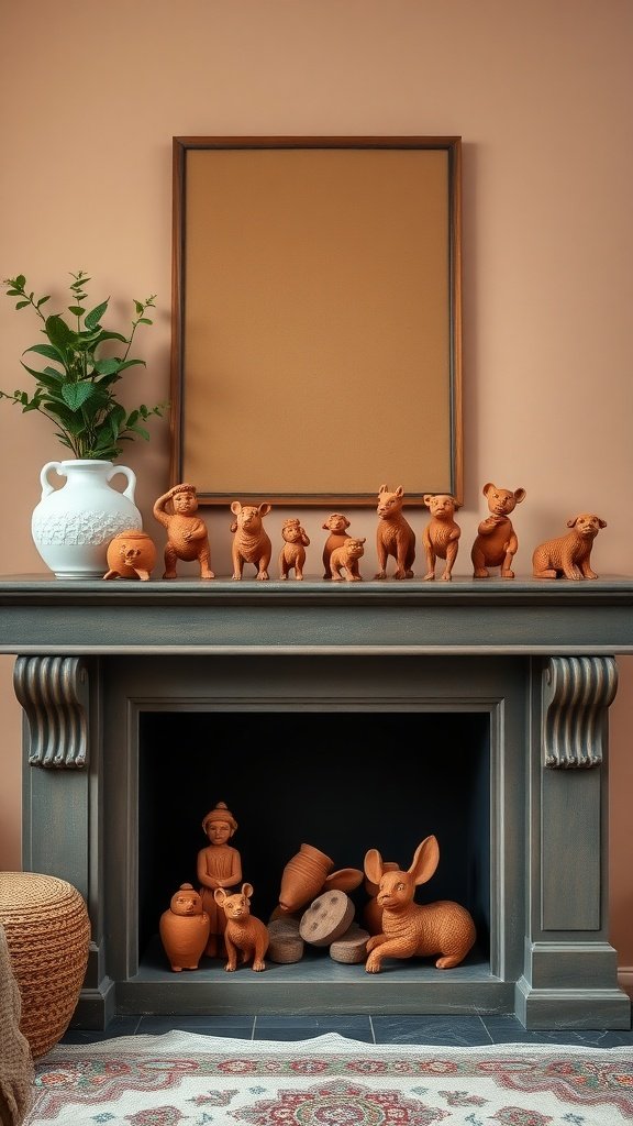A collection of handcrafted terracotta figurines on a mantelpiece.