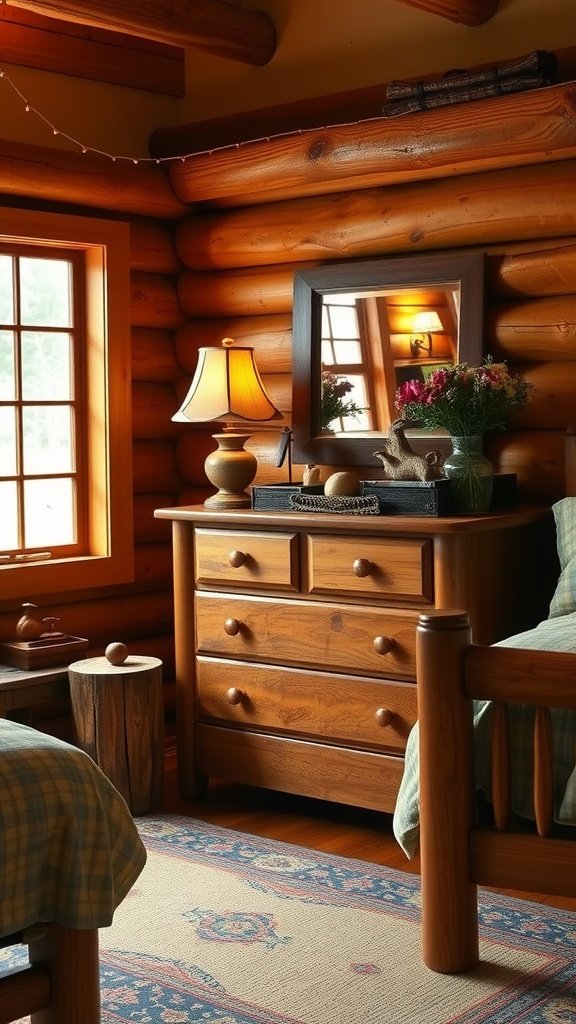 A rustic wooden dresser in a cozy cabin bedroom, featuring a lamp and decorative items.
