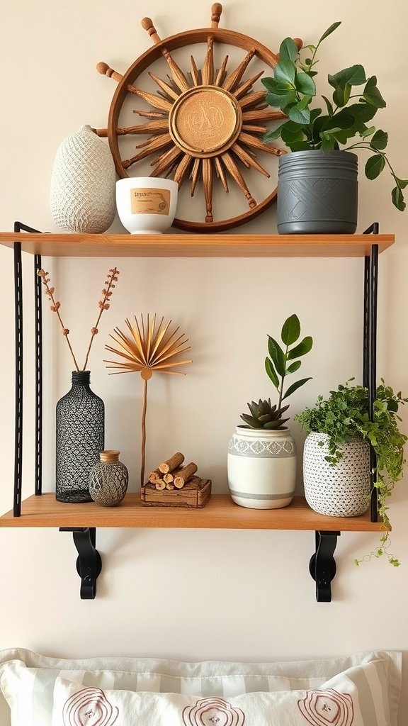 A cozy bedroom decor featuring handmade items like a sunburst mirror, a potted plant, and decorative blocks.
