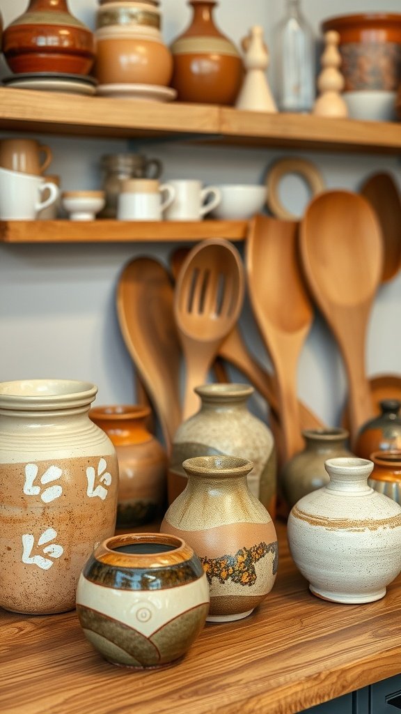A collection of handmade pottery jars and kitchen utensils displayed on wooden shelves.