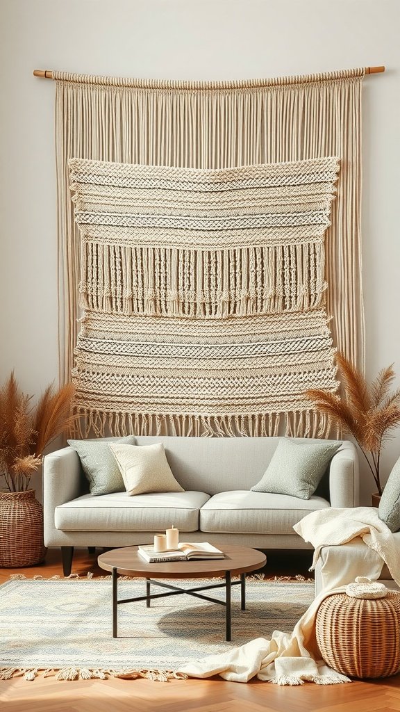 A handwoven beige wall hanging displayed above a light gray sofa in a stylish living room.