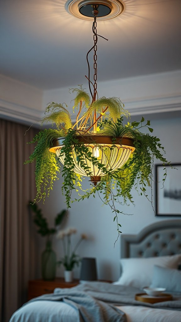A unique hanging garden chandelier adorned with greenery, illuminating a stylish bedroom.