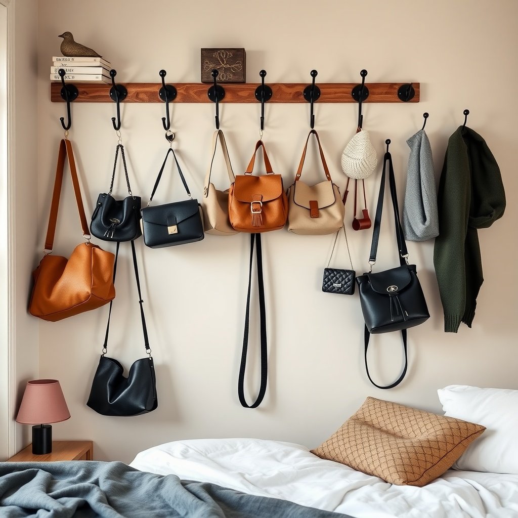 Hanging bags on a wall with hooks in a cozy bedroom