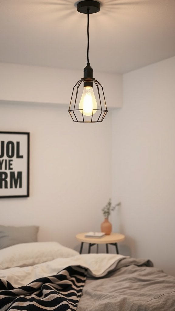 A stylish hanging light fixture in a modern bedroom setting