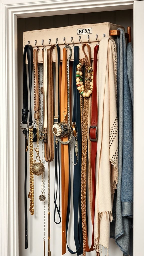 A hanging organizer displaying belts and accessories in a small closet.