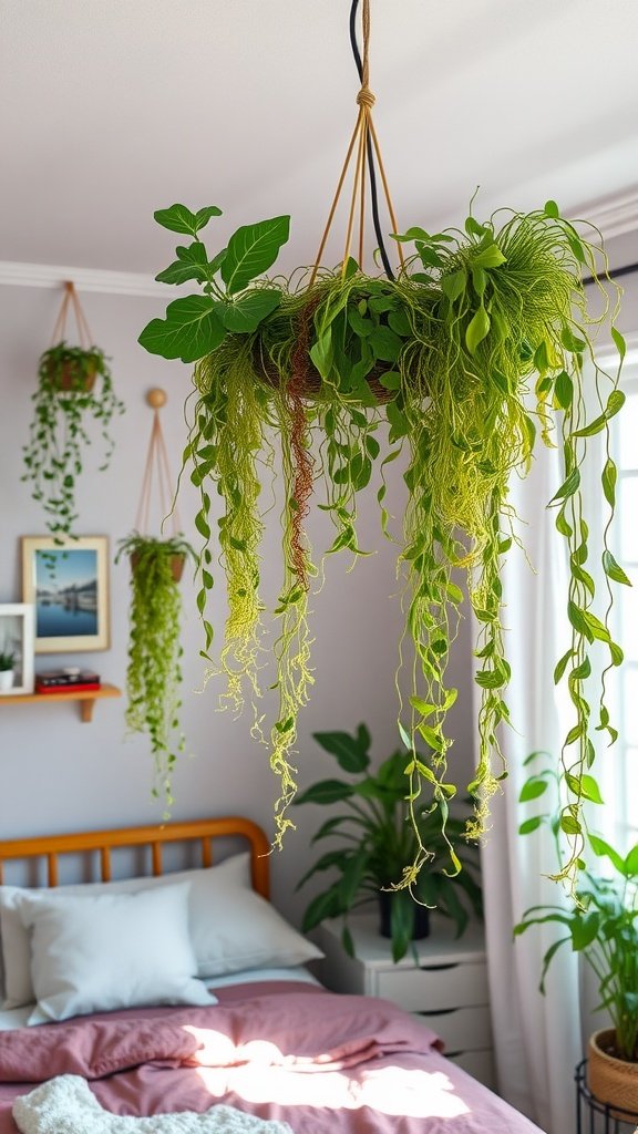 A cozy bedroom with hanging plants adding greenery and a jungle vibe.
