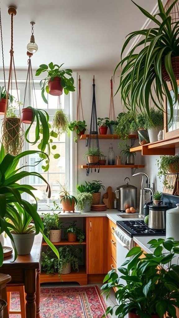 A cozy kitchen filled with hanging plants and greenery.