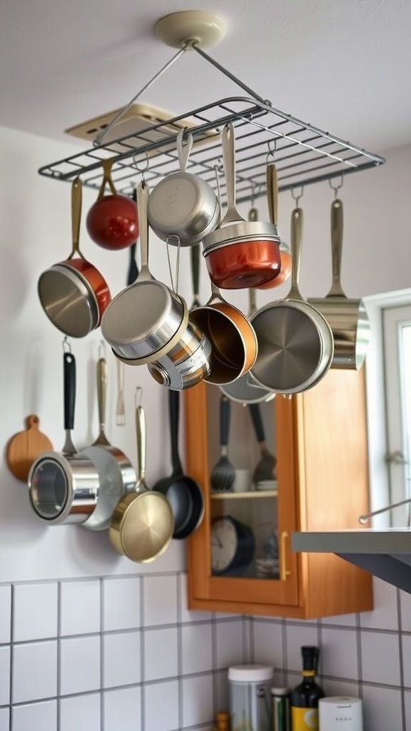 A stylish kitchen with pots and pans hanging from a ceiling rack.