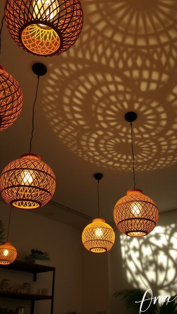 Hanging rattan ball lights casting shadows on a wall