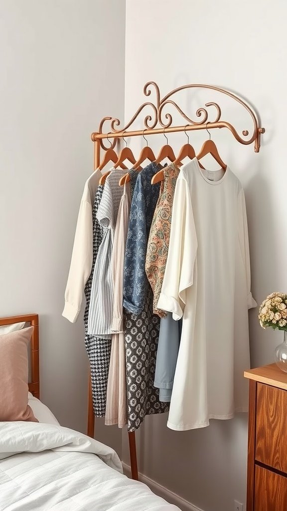 A stylish hanging rod displaying various clothes in a cozy bedroom.