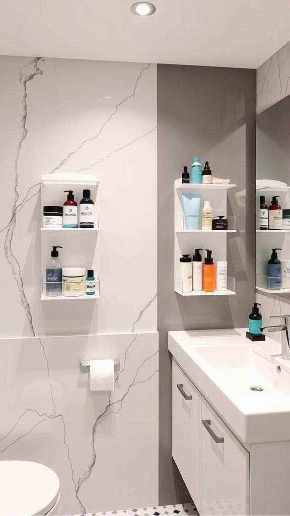 A modern bathroom featuring wall-mounted organizers for toiletries.