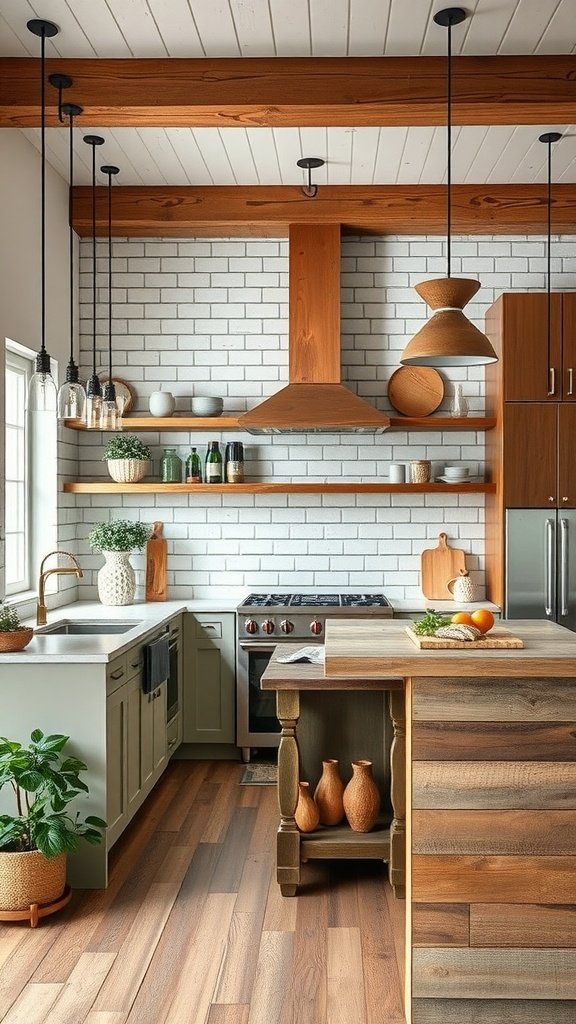 A modern modular kitchen with wooden accents, open shelves, and a cozy design.