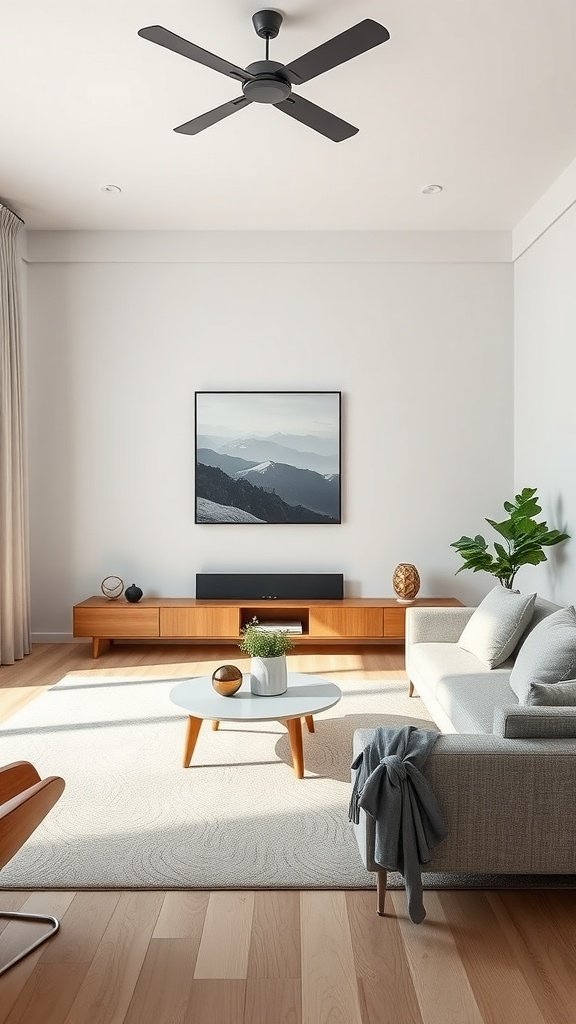A minimalist living room featuring Japandi and Scandinavian design elements.