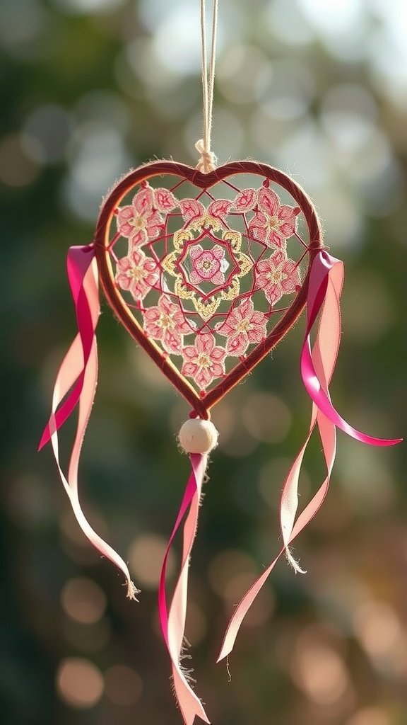 Heart-shaped dreamcatcher with floral design and ribbons hanging