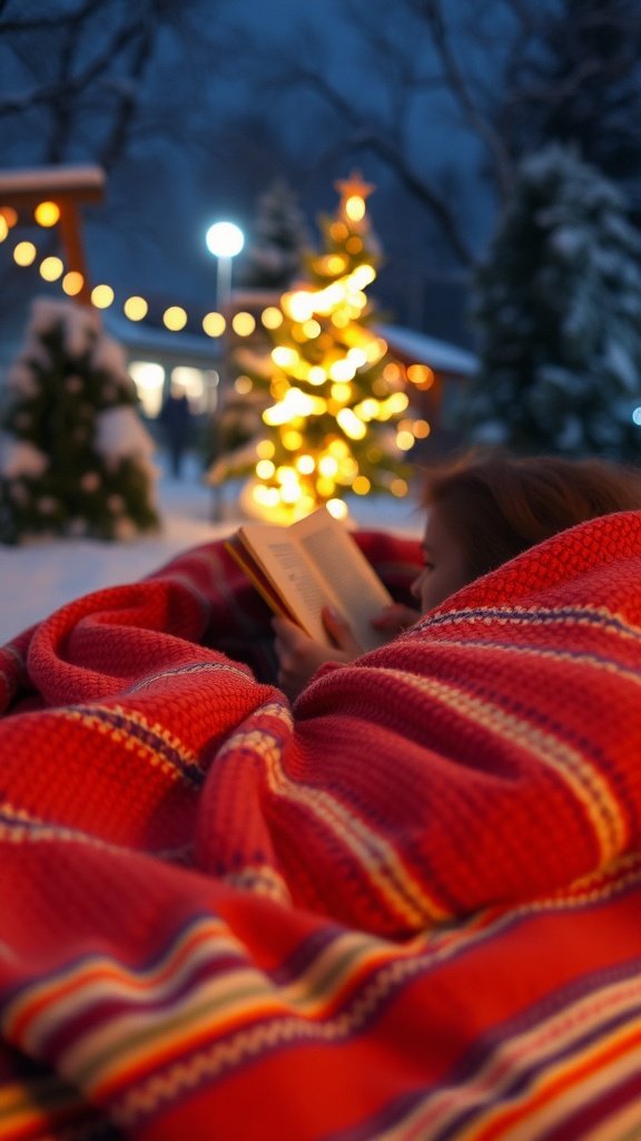 A person wrapped in a red heated blanket reading a book by a Christmas tree in a snowy setting.