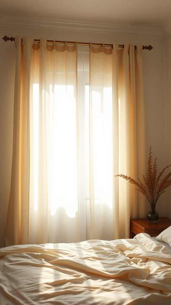 Soft, pale hemp curtains gently filtering light in a serene bedroom setting.