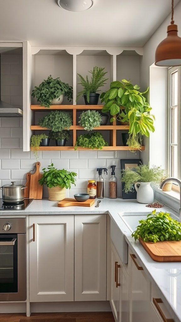 A well-organized kitchen featuring various herbs in pots, wood shelves, and a modern aesthetic.
