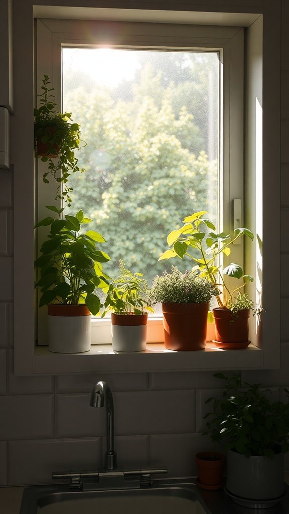 A sunlit kitchen window with various potted herbs.