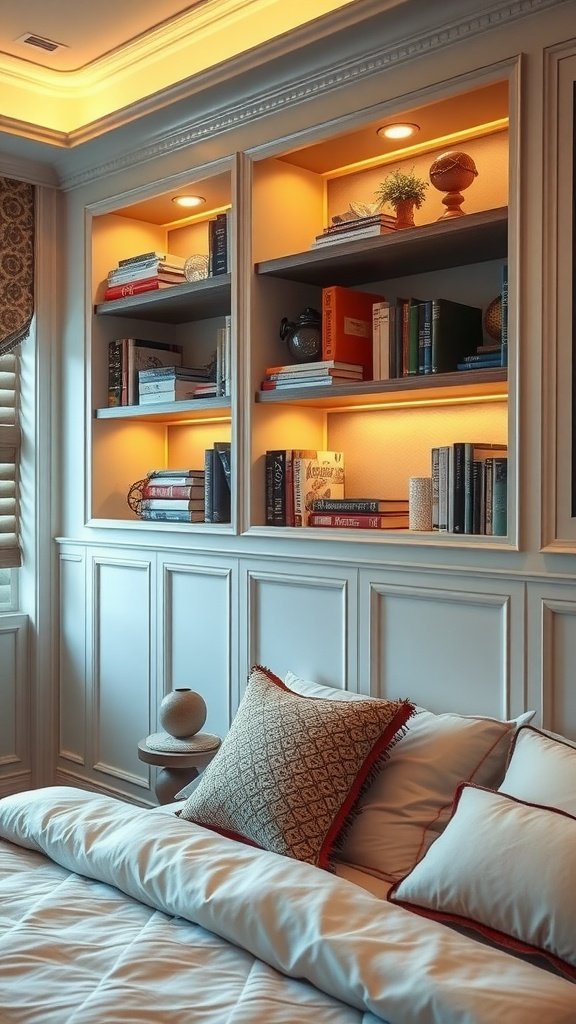 A cozy bedroom with hidden cove lighting in shelves displaying books and decorative items.