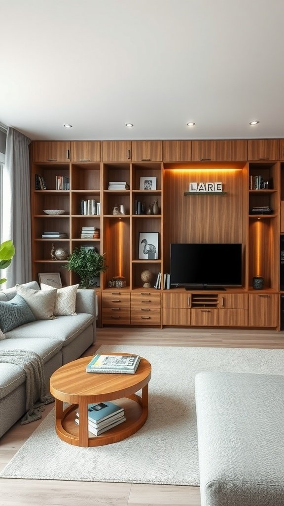A modern living room featuring a wooden storage unit and stylish furniture.