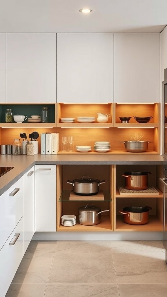 Modern minimalist kitchen with open shelves and hidden storage.