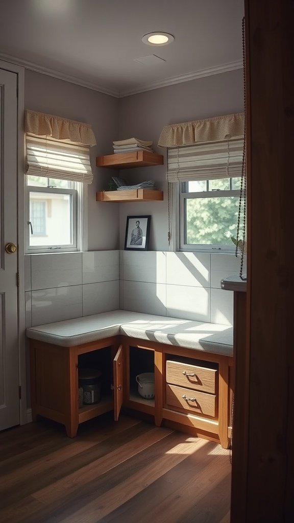 Cozy corner seat with hidden storage in a small kitchen.