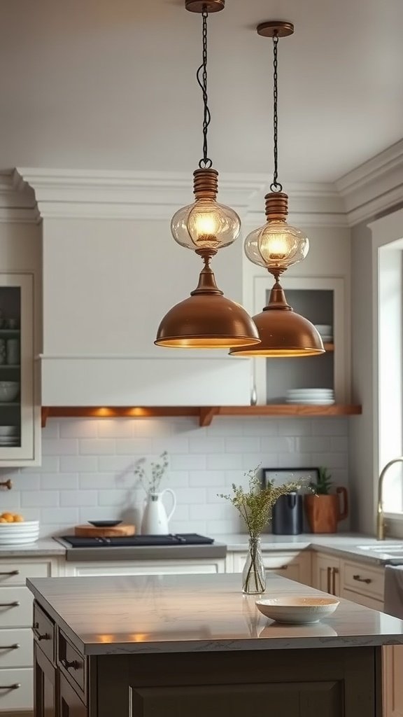 Two vintage pendant lights hanging over a kitchen island with a modern design.