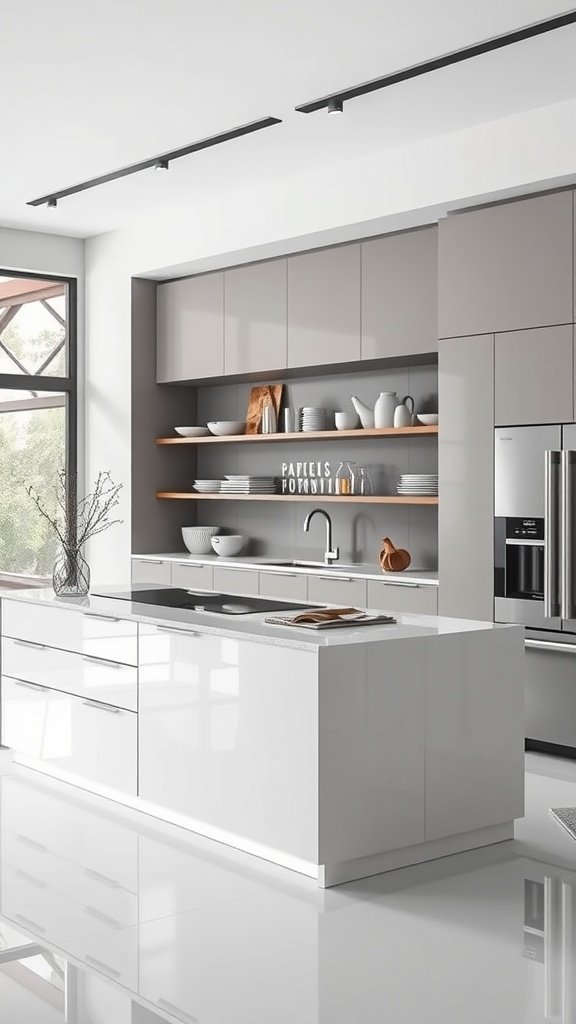 High-gloss kitchen island with open shelving above, featuring a clean and modern design.