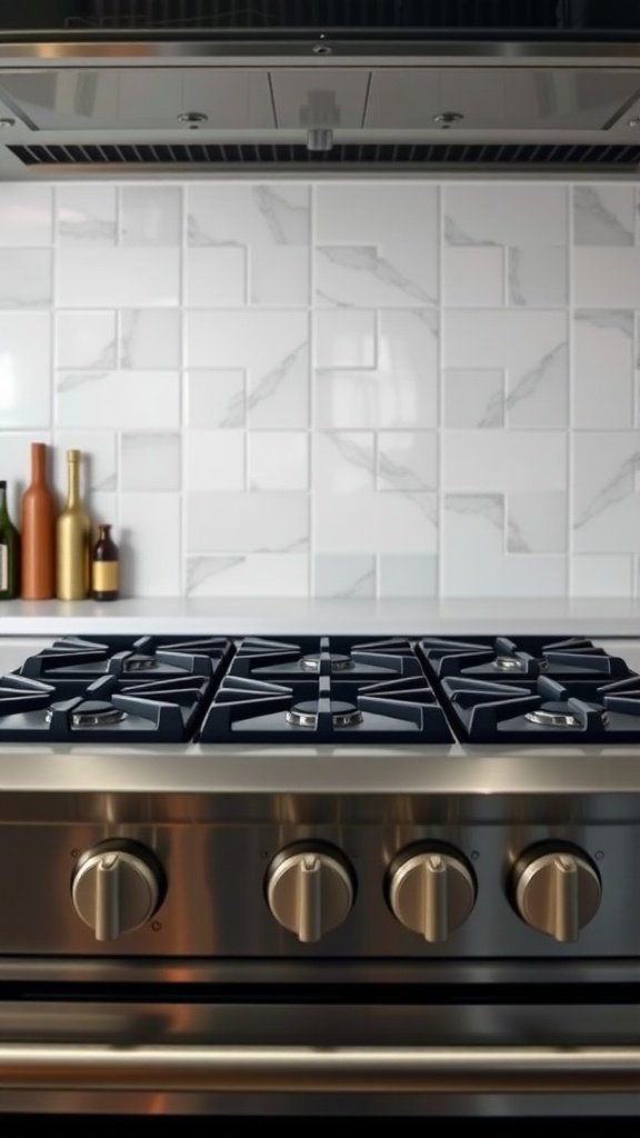 A close-up of a high-performance kitchen range with knobs and burners, set against a stylish backsplash.