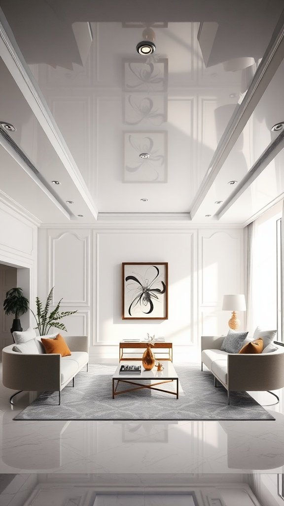 Living room with high gloss ceiling and stylish decor.