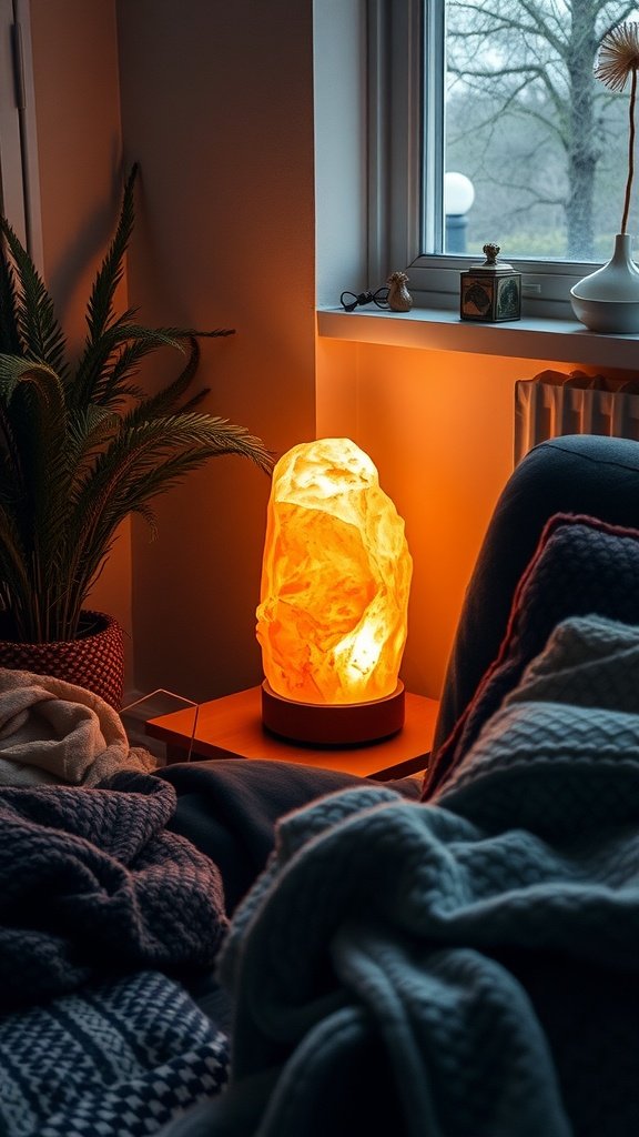 A Himalayan salt lamp glowing softly next to a cozy blanket and plant in a living room.