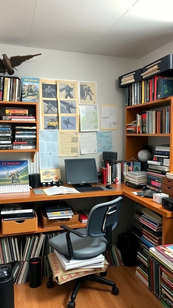 A cozy study nook featuring a desk with a computer, bookshelves filled with books, and decorative items.