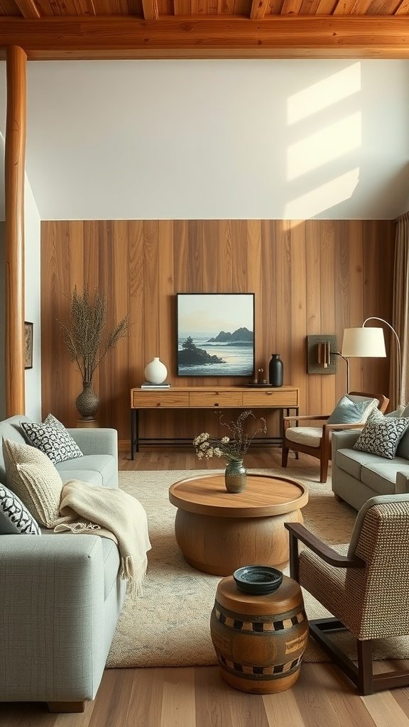A modern living room with honeyed acacia wood accents, featuring a cozy seating arrangement and natural elements.
