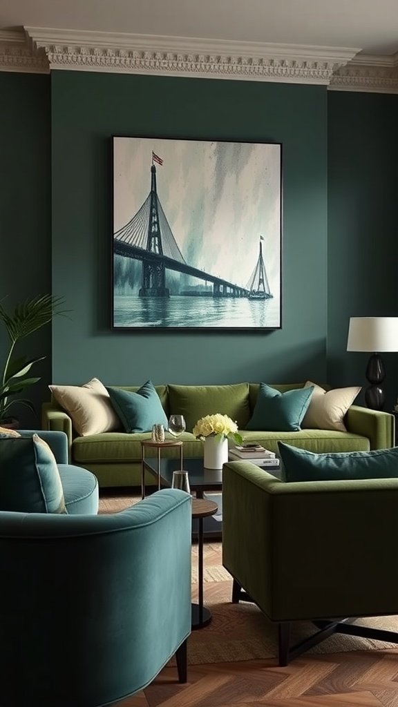 A stylish living room featuring hunter green walls, plush seating, and an artwork of a bridge.