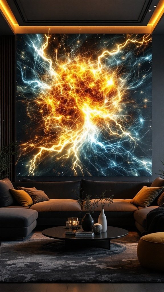 A moody living room featuring illuminated art and stylish decor.