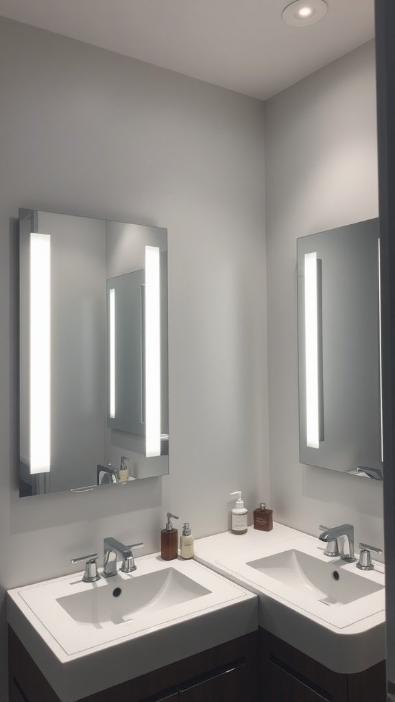 Two illuminated mirrors above sinks in a modern bathroom