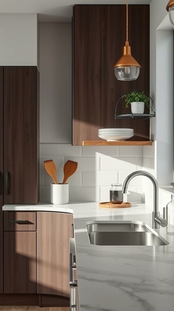 A modern kitchen with easy-clean surfaces, including a sleek countertop and cabinet design.