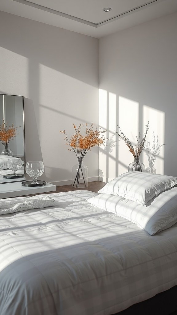 A cozy bedroom featuring a white bed with pillows, a mirror, and glass vases with dried flowers, illuminated by sunlight.