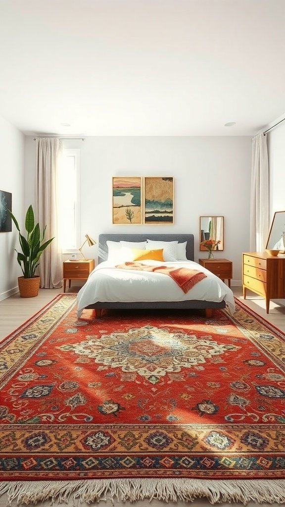 A spacious bedroom featuring a large rug with a floral pattern.