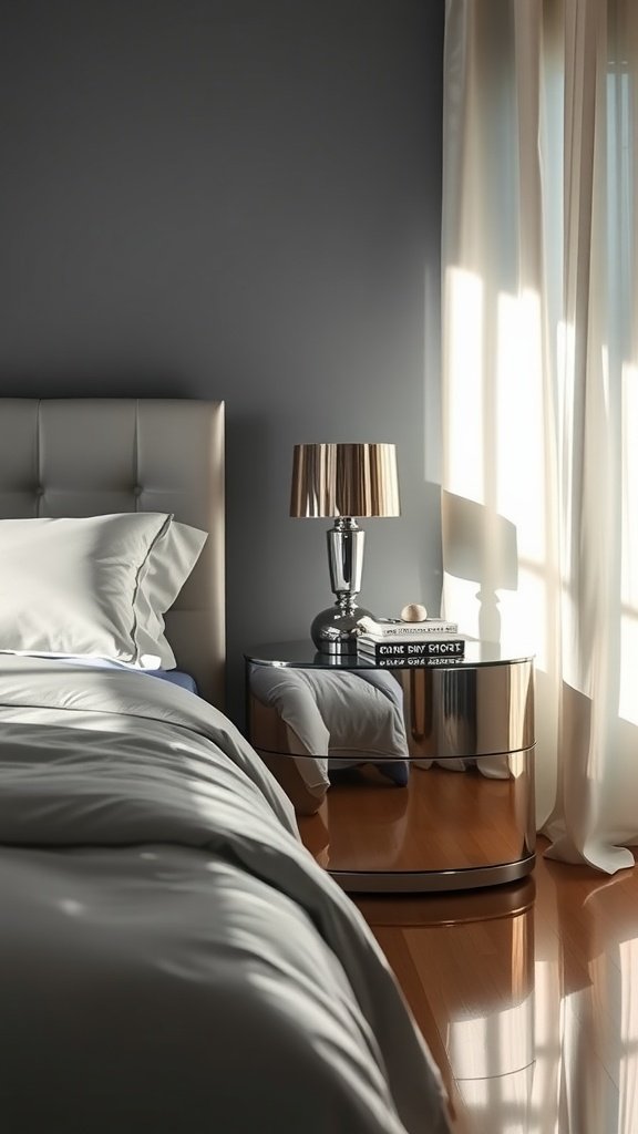A stylish bedroom with a glossy dresser and a lamp reflecting light.