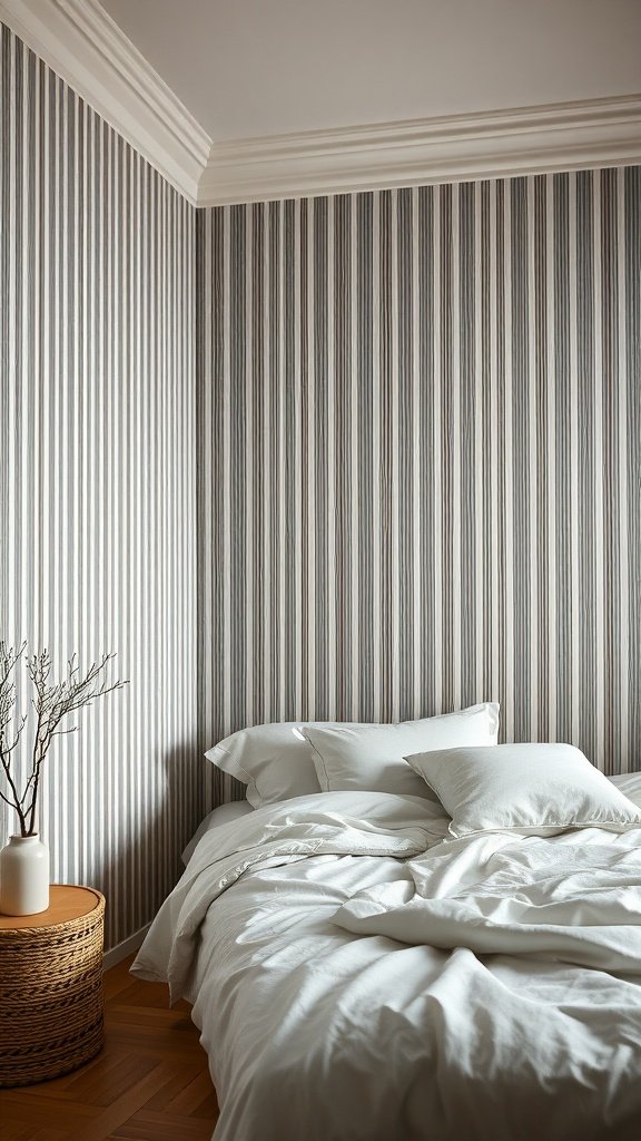 A bedroom with vertical striped wallpaper, showcasing a cozy bed and a side table.
