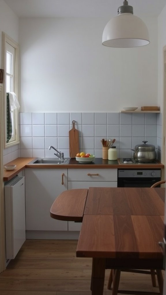 A cozy small kitchen with a drop-leaf table and modern appliances.