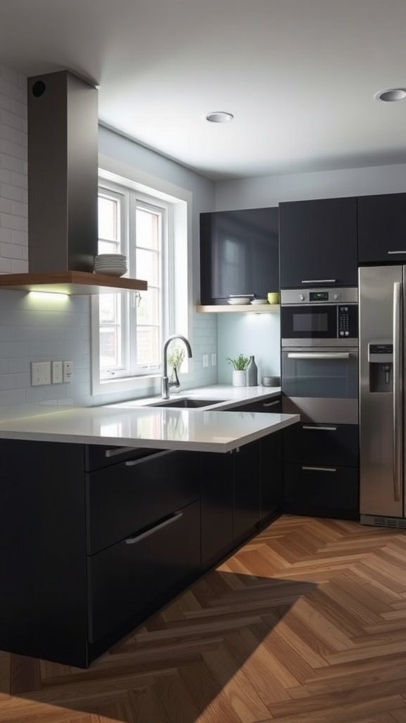A small kitchen with a fold-down prep surface and modern appliances.