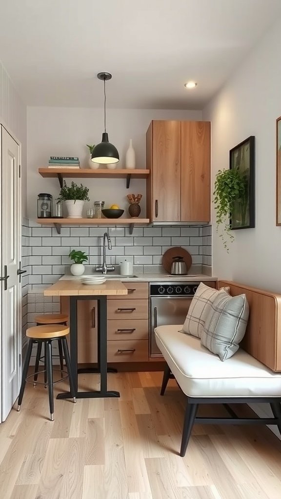A small kitchen featuring built-in seating with a cozy bench, wooden shelves, and a modern table.