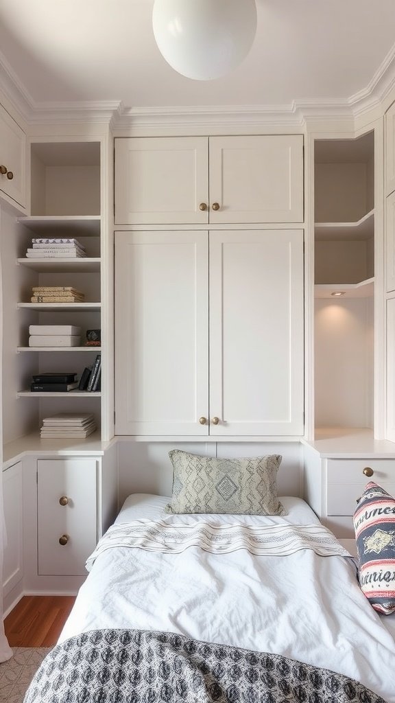 A small bedroom featuring built-in storage solutions with shelves and cabinets.